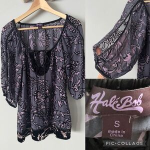 Hale Bob Black Purple Velvet silk Burnout Blouse whimsigoth Y2K Victorian small